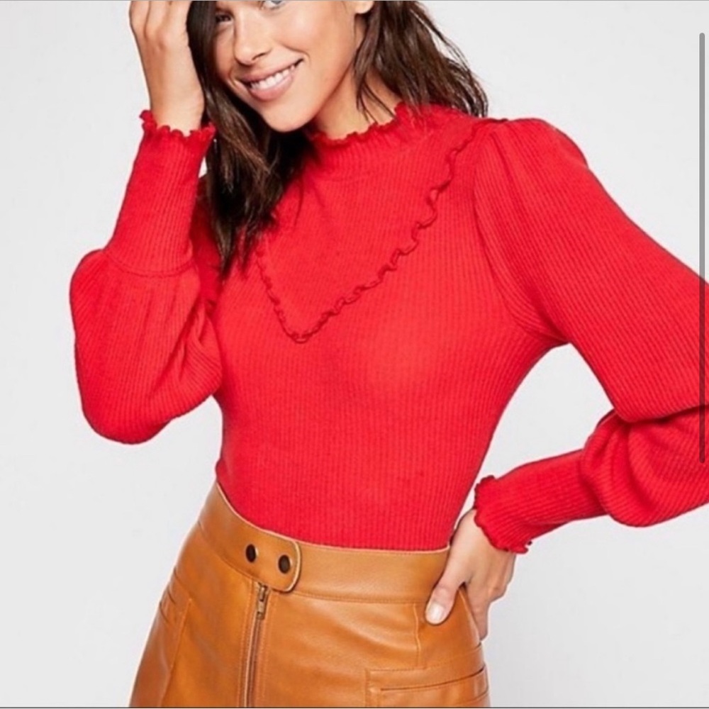 Free People red “Love Struck” ruffle turtleneck top